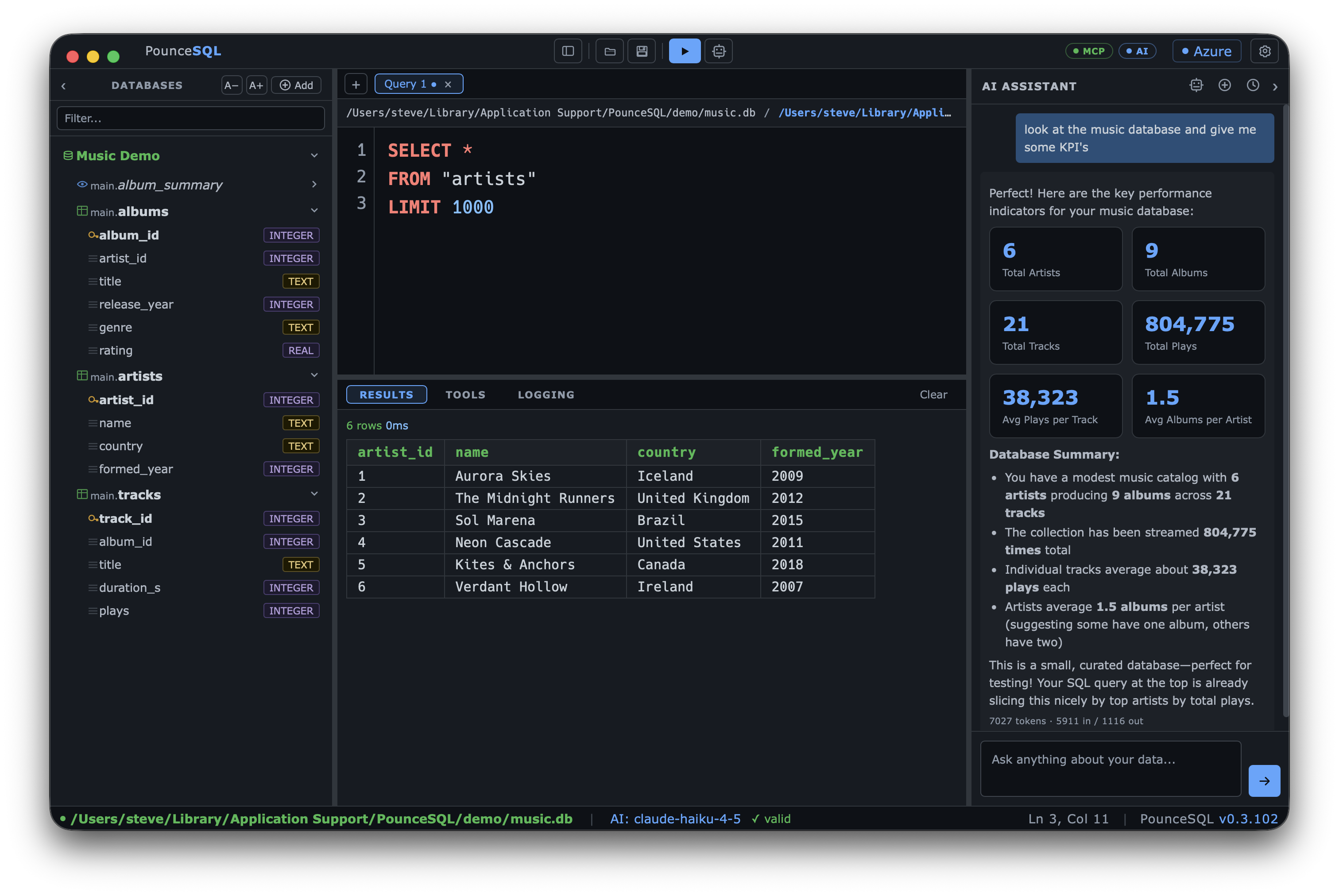PounceSQL database tree