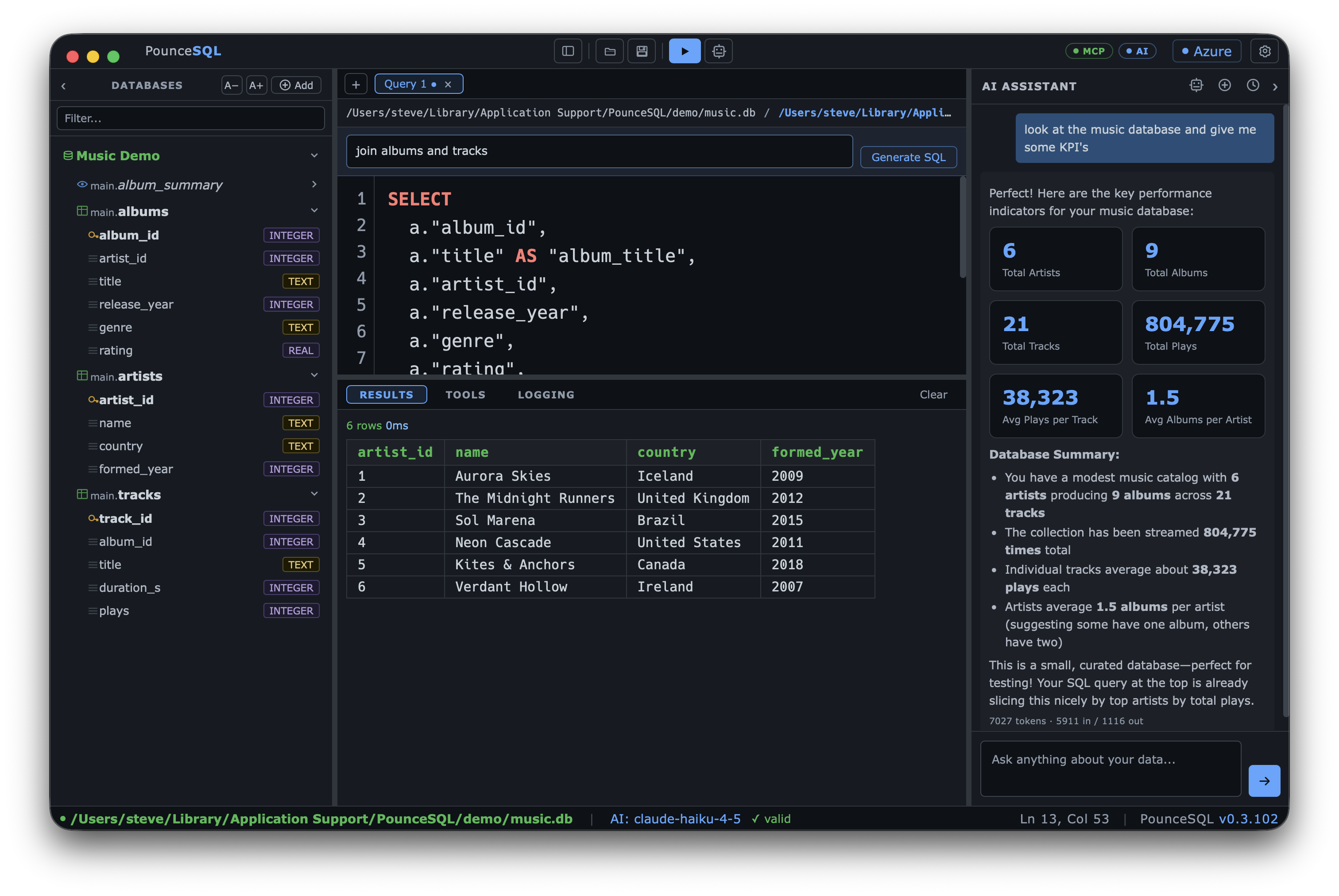 PounceSQL AI assistant with a chart