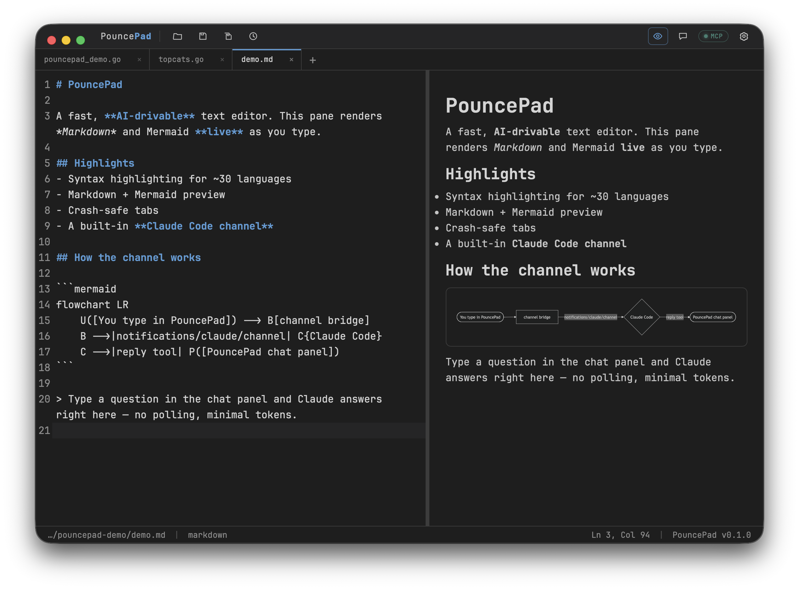PouncePad markdown and mermaid preview