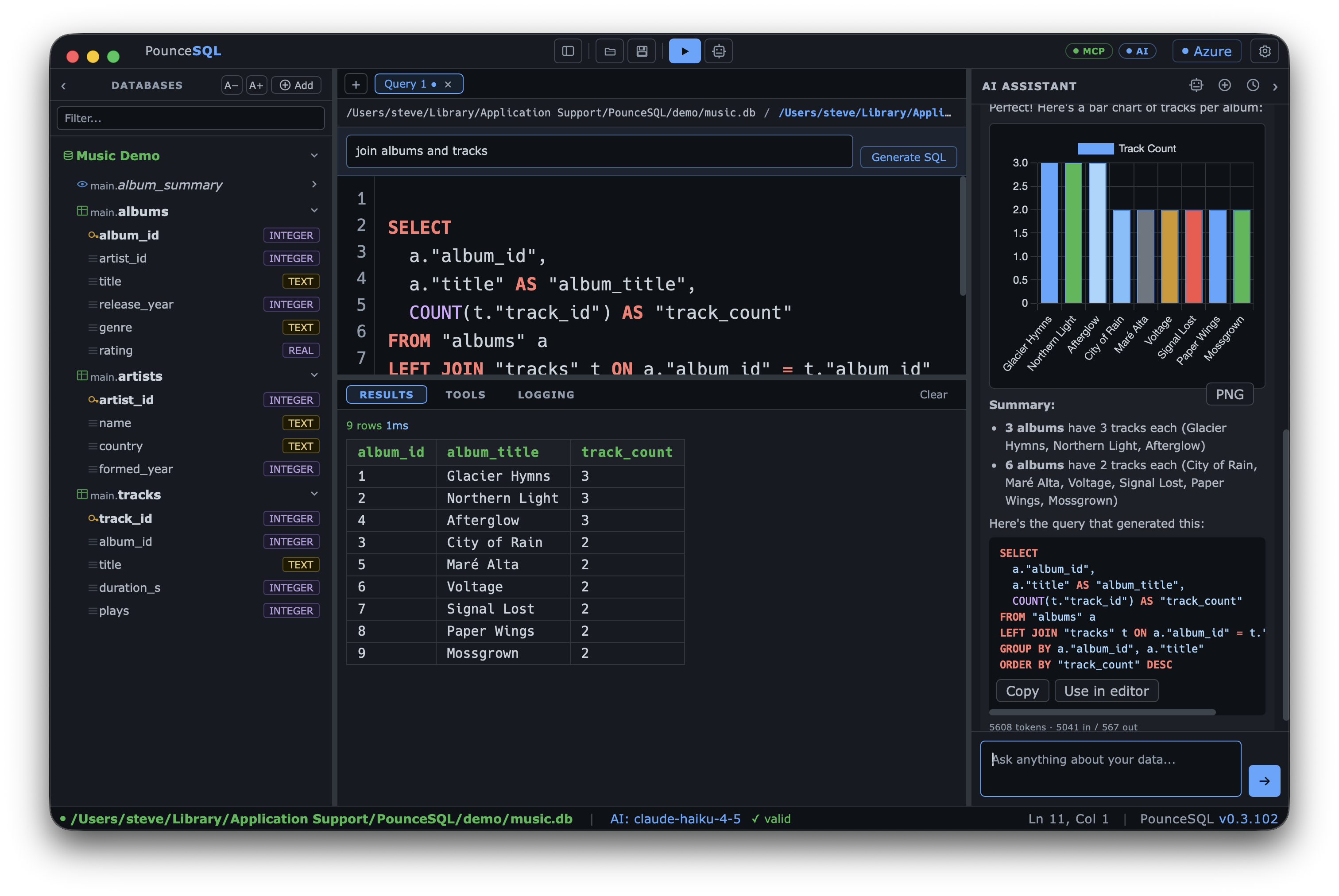PounceSQL query and results