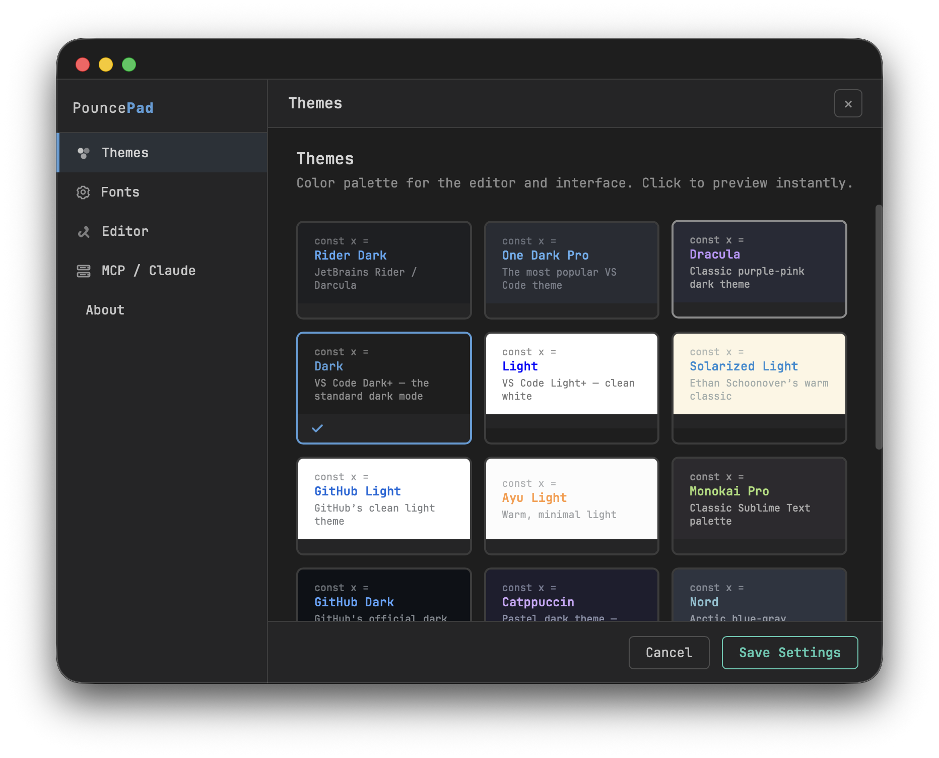 PouncePad theme picker