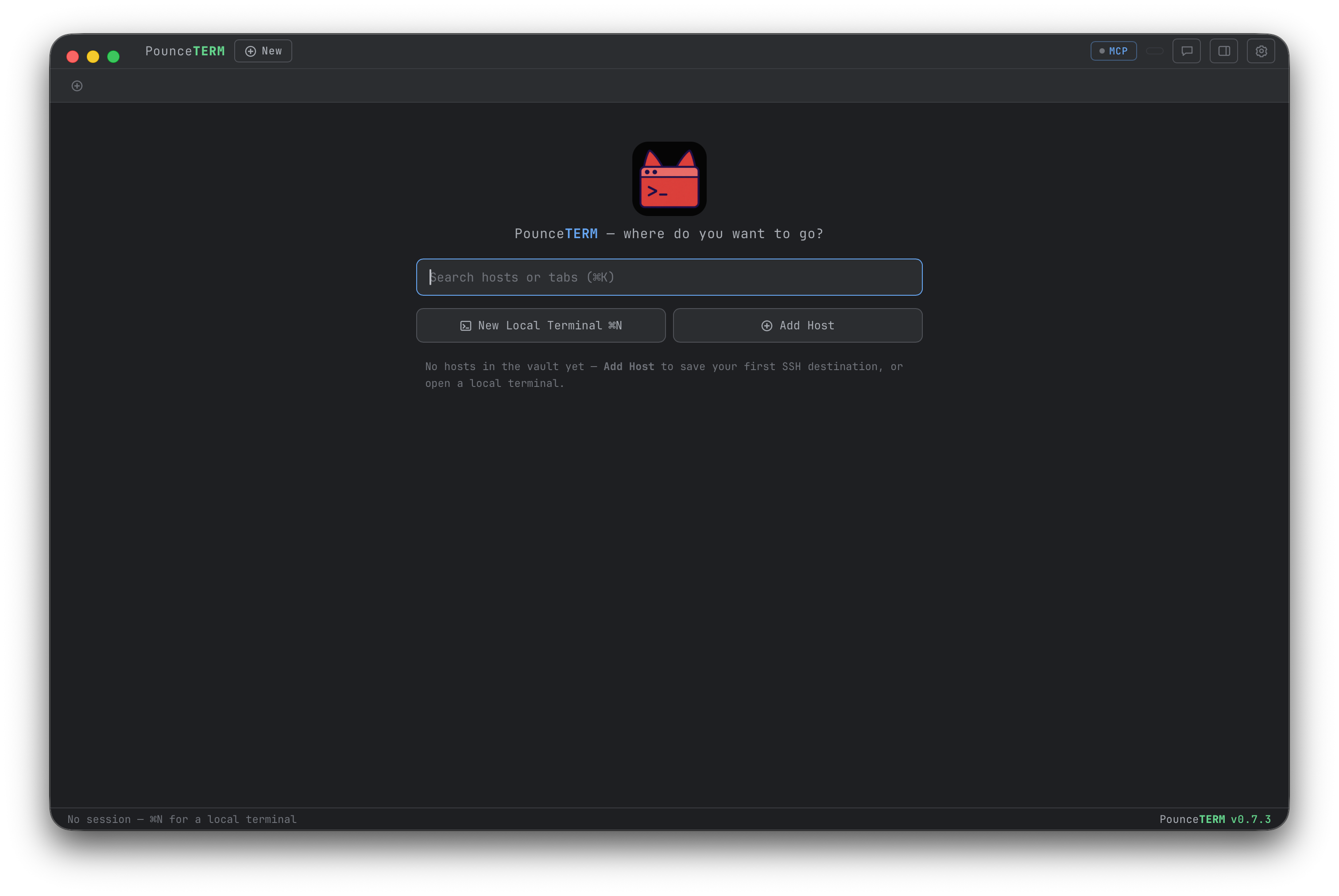 PounceTERM launch screen with host search, new local terminal and add host