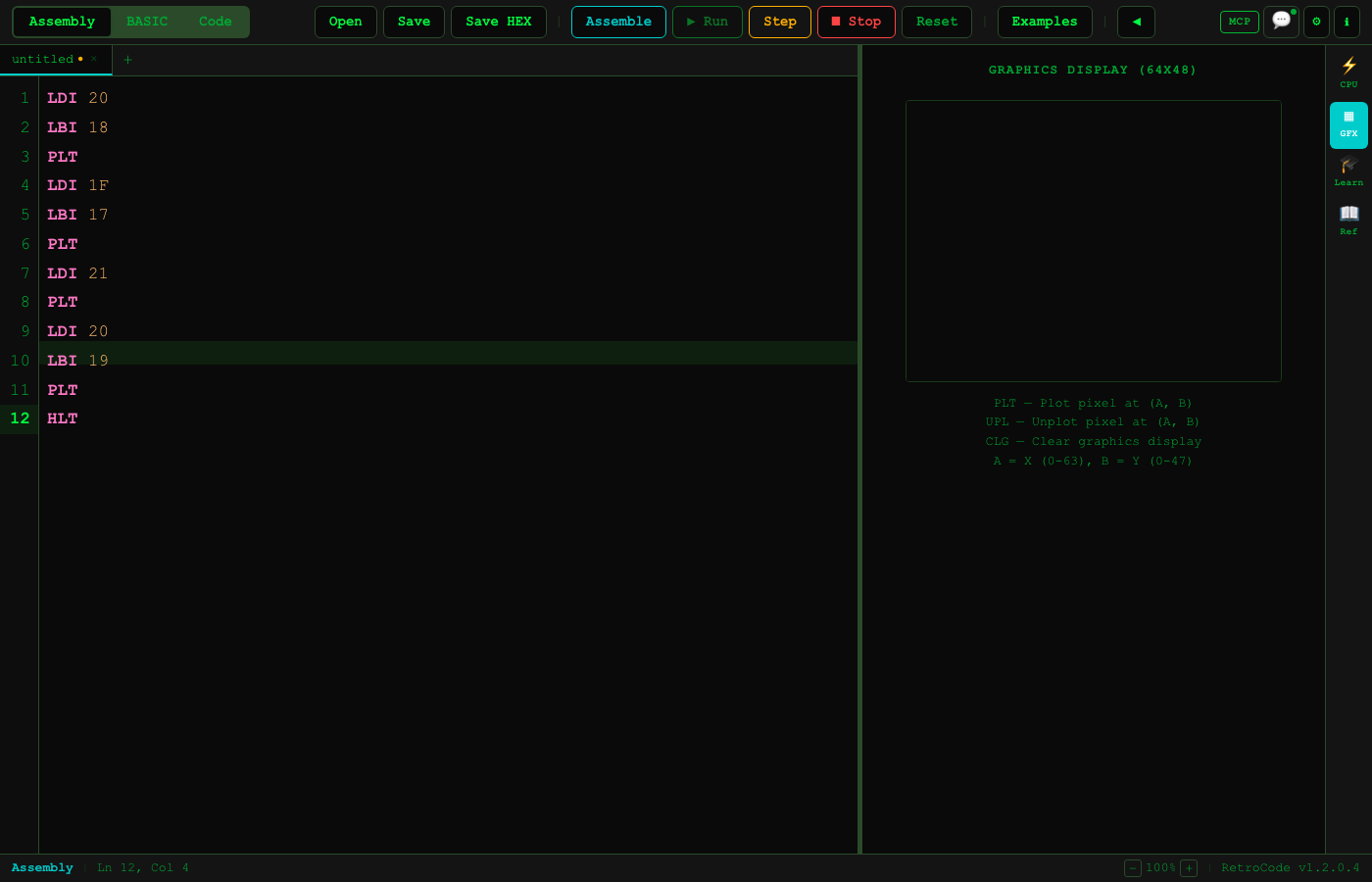 RetroCode assembly mode with graphics